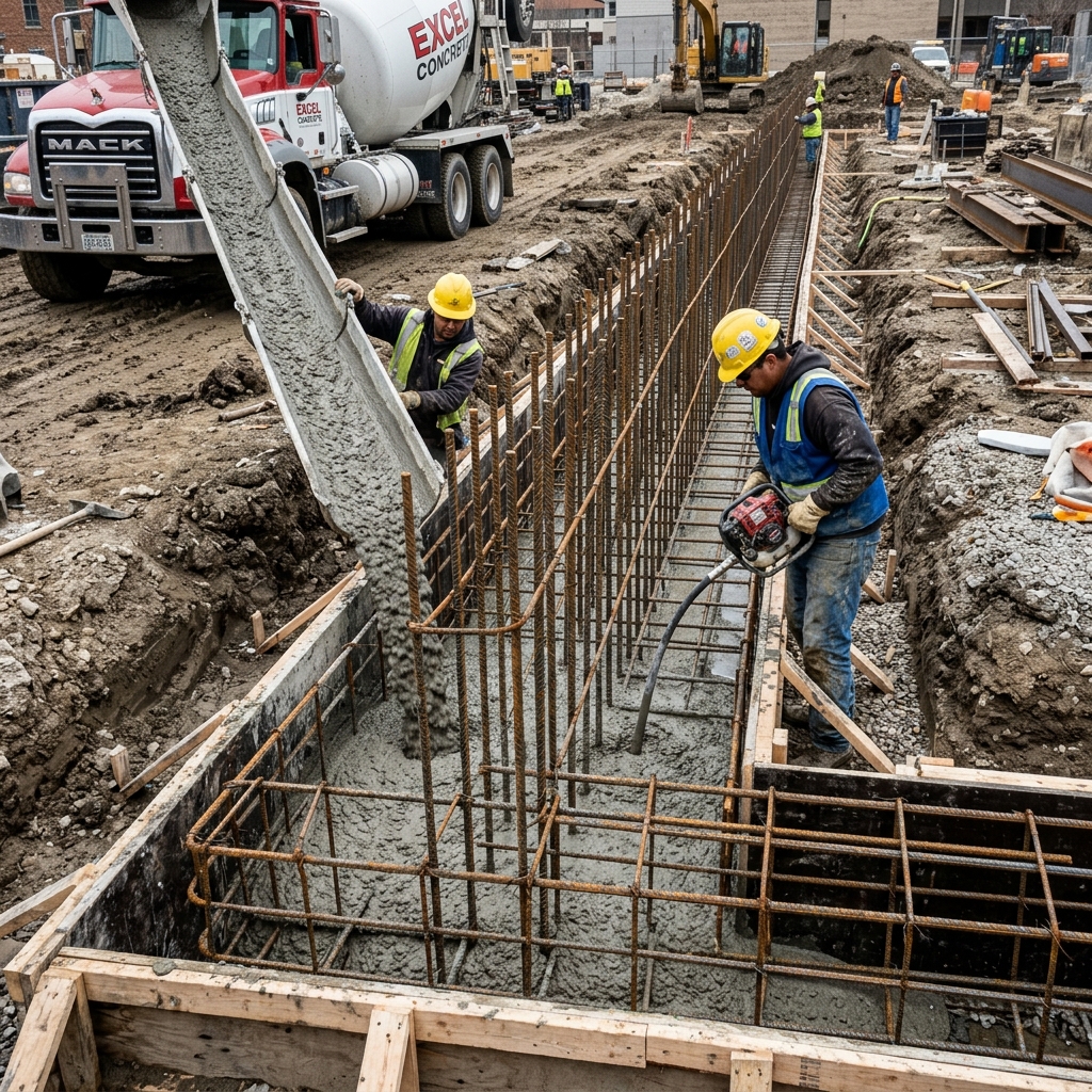Professional masonry crew laying high-durability structural concrete footings by FRS Escondido Services